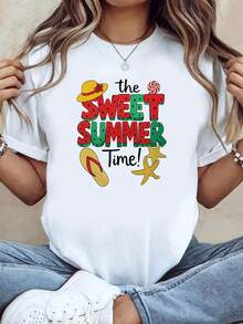 Women's Sweet Summer T-Shirt With Straw Hat, Flip-Flops, Starfish, Summer Vacation Elements, Creative Design Print, White Short-Sleeved Crew Neck T-Shirt - Machine Washable, Suitable For Holiday Parties, Casual Outings, Meetings With Friends, Vacation Wear, Holiday Gift - Unisex Cotton Loose Short-Sleeved Crew Neck Urban Vintage Style T-Shirt. - 白色 - 查看 1