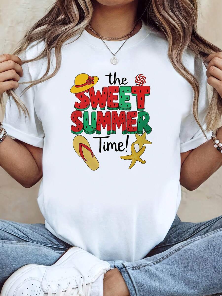 Women's Sweet Summer T-Shirt With Straw Hat, Flip-Flops, Starfish, Summer Vacation Elements, Creative Design Print, White Short-Sleeved Crew Neck T-Shirt - Machine Washable, Suitable For Holiday Parties, Casual Outings, Meetings With Friends, Vacation Wear, Holiday Gift - Unisex Cotton Loose Short-Sleeved Crew Neck Urban Vintage Style T-Shirt. - 白色 - 查看 1