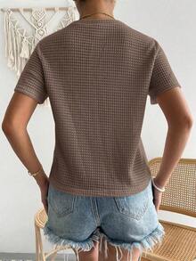 Camiseta casual de manga corta y cuello redondo llana para mujeres, verano - Marrón Mocha - Ver 2