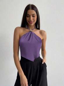 Camiseta de tirantes con cuello halter y bajo asimétrico para mujer - Morado - Ver 4