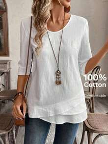 Blusa blanca con diseño de empalme en escote en V para mujer - Blanco - Ver 9
