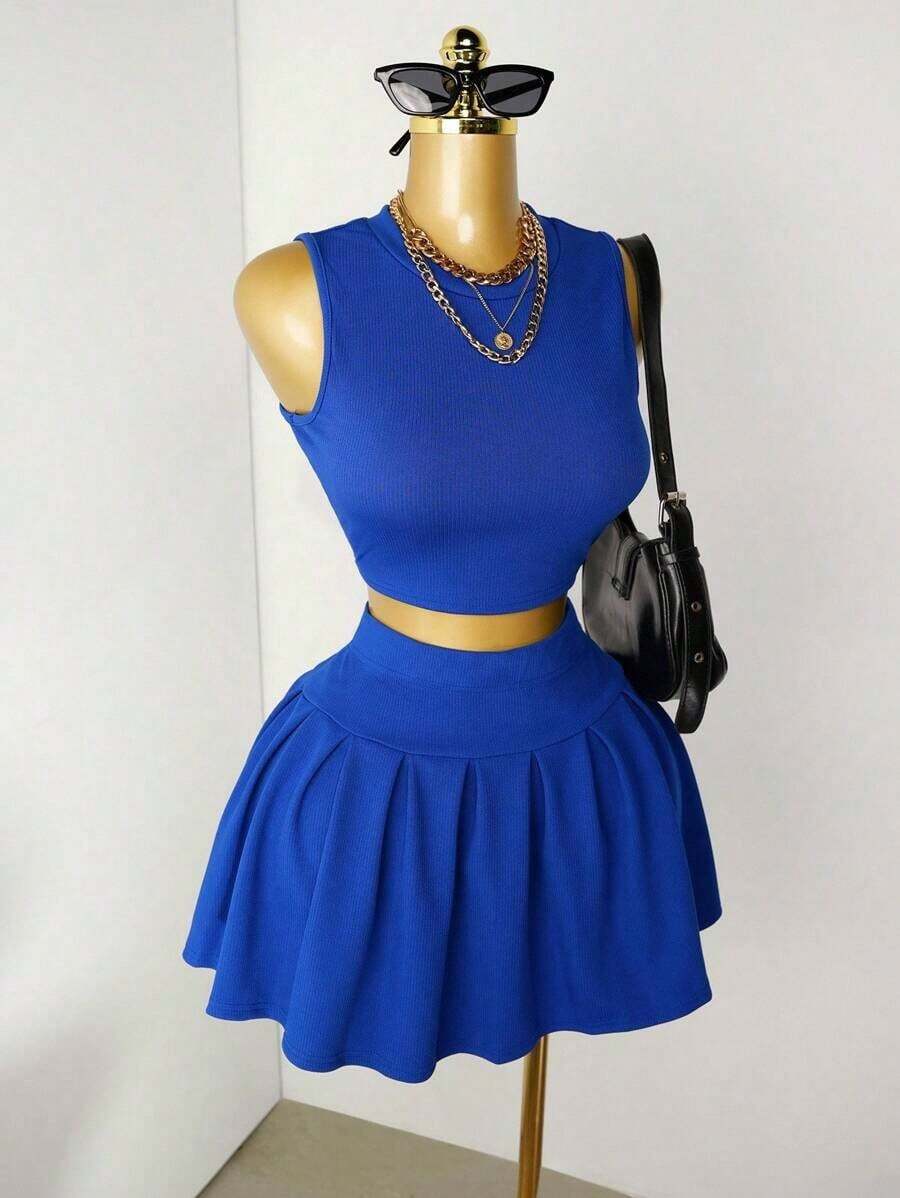 2 piezas Conjunto para mujer con top de tirantes con corazón calado y falda plisada - azul real - Ver 1
