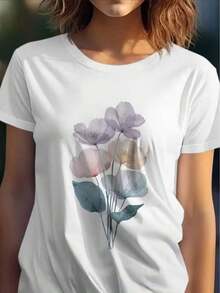 Women's T-Shirt 100% Cotton, Short Sleeve, SS26, Watercolor Floral Bouquet Graphic Print - 白色 - 查看 4