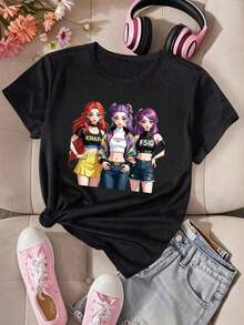 Sparklyn Black Short Sleeve Crew Neck Graphic Tee For Preteen Girls, Casual, Comfortable, And Fashionable Minimalist Graphic Tee, Versatile, With Cartoon, Creative, Fun, Celebrity, Anime, And  Prints, 100% Cotton - 5 - 查看 4