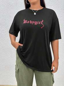 Camiseta de hombros caídos con estampado de letra - Negro - Ver 3