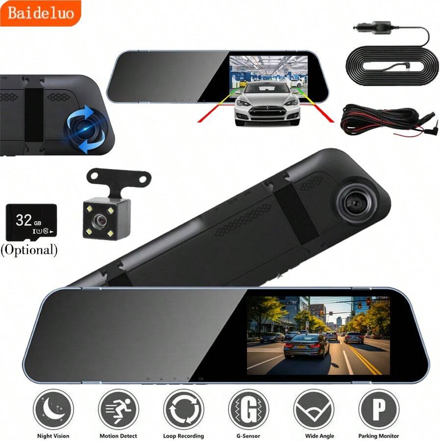 Cámara de tablero para coche, espejo retrovisor de 4.5 pulgadas 1080P, tarjeta de memoria de 32G (opcional), cámaras duales delantera y trasera, visión nocturna súper, asistencia de estacionamiento, grabación en bucle, monitor de estacionamiento de 24 horas, cámara de reversa para coche-camiones, SUVs-regalo de vacaciones