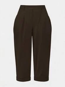Plus Size Women Vintage Casual Solid Color Pleated Cone Pants, Spring/Summer (Belt Not Included) Black - Black - View 4