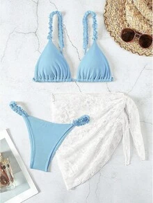 Bikini sexy de tres piezas estilo Ins para mujer, conjunto de traje de baño con tirantes y espalda descubierta. - Beis - Ver 9
