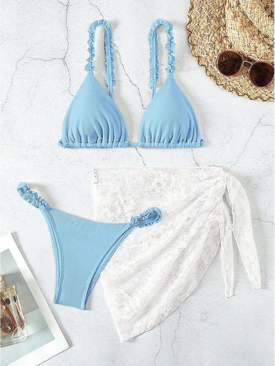 Sexy Three-Piece Bikini In Ins Style For Women, Swimsuit Set With Straps And Open Back. - Sky Blue - View 1