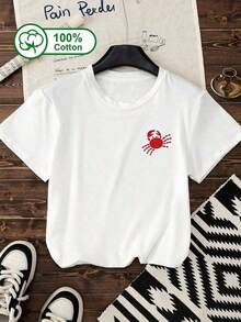 Women's Short-Sleeved Crew Neck T-Shirt, 100% Cotton, Striped Crab Print On Both Sides, Casual And Fashionable Holiday Style, Suitable For Spring And Summer, White Graphic T-Shirt. - 白色 - 查看 3