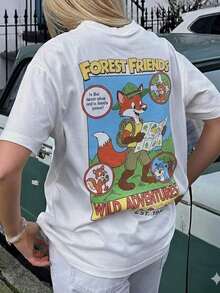 Camiseta de manga corta con cuello redondo y estampado gráfico de zorro de la colección Retro Cartoon Forest Friends para mujer, estilo vintage de los 90, con estampado de animales de aventuras salvajes, corte holgado informal, estética Y2K moderna, ideal para uso diario, camping, senderismo, picnic, festivales de música, vacaciones, salidas informales, regreso a clases, actividades al aire libre de verano, escapadas de fin de semana, visitas a parques temáticos. S6BX - Blanco - Ver 7