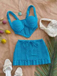 Conjunto de 2 piezas de top corto de ganchillo con tirantes finos y falda de cintura baja, adecuado para festivales de música, estilo bohemio, citas de vacaciones, tarde de té - azul real - Ver 9