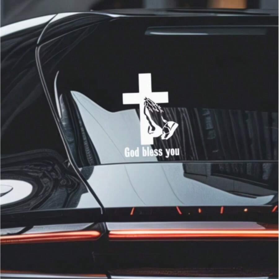 2D Flat Sticker "God Bless You" Christian Car Decal - Durable Vinyl Material, Praying Hands Design, Suitable For Rear Window Or Exterior Decoration - Fits Most Sedans And SUVs, 2D Flat - A - View 1