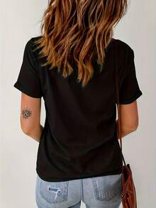 Women's Modern, Casual T-Shirt, Perfect For Parties And Lounging At Home, 100% Cotton, Loose Fit. Letter Print Crew Neck T-Shirt, Casual Short Sleeve Top For Spring & Summer, Women's Clothing - 黑色 - 查看 3