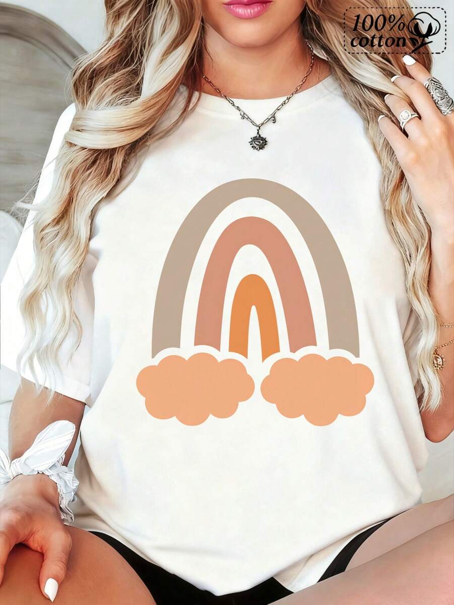 Camiseta blanca casual con diseño de nube arcoíris - Blanco - Ver 1