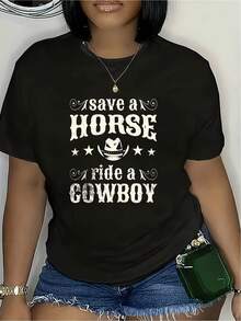 Camiseta de mujer 100% algodón, estampada con la frase "Save a Horse, Ride a Cowboy", decorada con un sombrero de vaquero y estrellas en el centro, y con diseño de cuello redondo. Es un regalo elegante, adecuado para darle a alguien especial. Camiseta de Mujer de Color Sólido Simple, Corte Holgado y Ajustado, Casual de Manga Corta - Negro - Ver 7