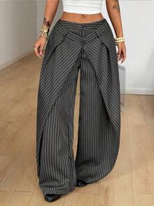 Pantalones casuales de rayas tejidas de color gris oscuro para mujer - Gris - Ver 6