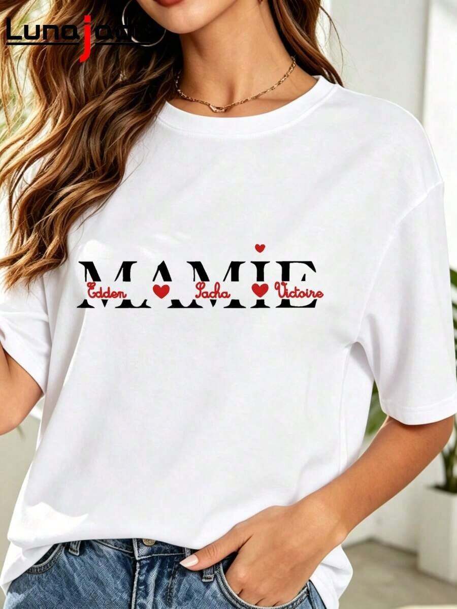 Pure Cotton Women's T-Shirt Short Sleeve Casual Loose Soft Breathable Streetwear Y2K Mamie Eddon Sacha Victoire Heart Round Neck Premium Quality Everyday Wear Spring/Summer - 白色的 - 查看 1
