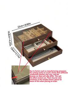 1 pieza Caja de almacenamiento de joyas de madera de alta gama y gran capacidad, organizador de aretes, collares y accesorios de grano de nogal exquisito, caja de joyas multifuncional y multinivel con compartimentos y cajones, accesorio de tocador - Café integral - Ver 2