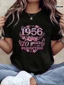 1 pieza, nacido en 1956, perfecto para personas de 70 años, elegante estampado floral decorativo, camiseta de manga corta de cuello redondo para mujer, primavera/verano, 180g, 100% algodón. - Negro - Ver 2