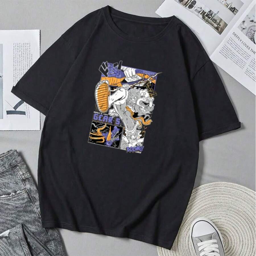 Camiseta unisex Gear-5-Luffyss con estampado retro de anime y dibujos animados, ideal para el verano, estilo casual y holgado. - Negro - Ver 1