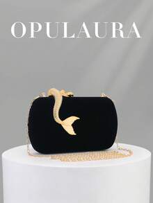 OpulAura 女士复古时尚丝绒手拿包，美人鱼造型纽扣设计，欧美风格，高端简约方型手提包，适合婚礼、晚宴、正式活动、派对等场合，可手提或单肩背，配有高品质链条肩带 - 黑色 - 查看 2
