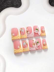 10件夏季手工穿戴甲，Polygel美甲套組，棕櫚樹貼紙、花卉、海星、手工花朵，粉色與黃色，甜美風格，含美甲工具，3種尺寸可選，杏仁/鴨嘴/棺材形，適合派對、跳舞、日常配戴 - 彩色 - 查看 2