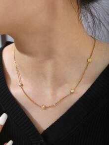TONSI 1 set/pièce Ensemble de bijoux vintage minimaliste à la mode style Y2K, plaqué or 18 carats en acier inoxydable avec fleur de trèfle incrusté. Bracelet, collier, boucles d'oreilles. Convient pour le trajet quotidien, les sorties, les vacances d'été pour les femmes. - Doré - Voir 12