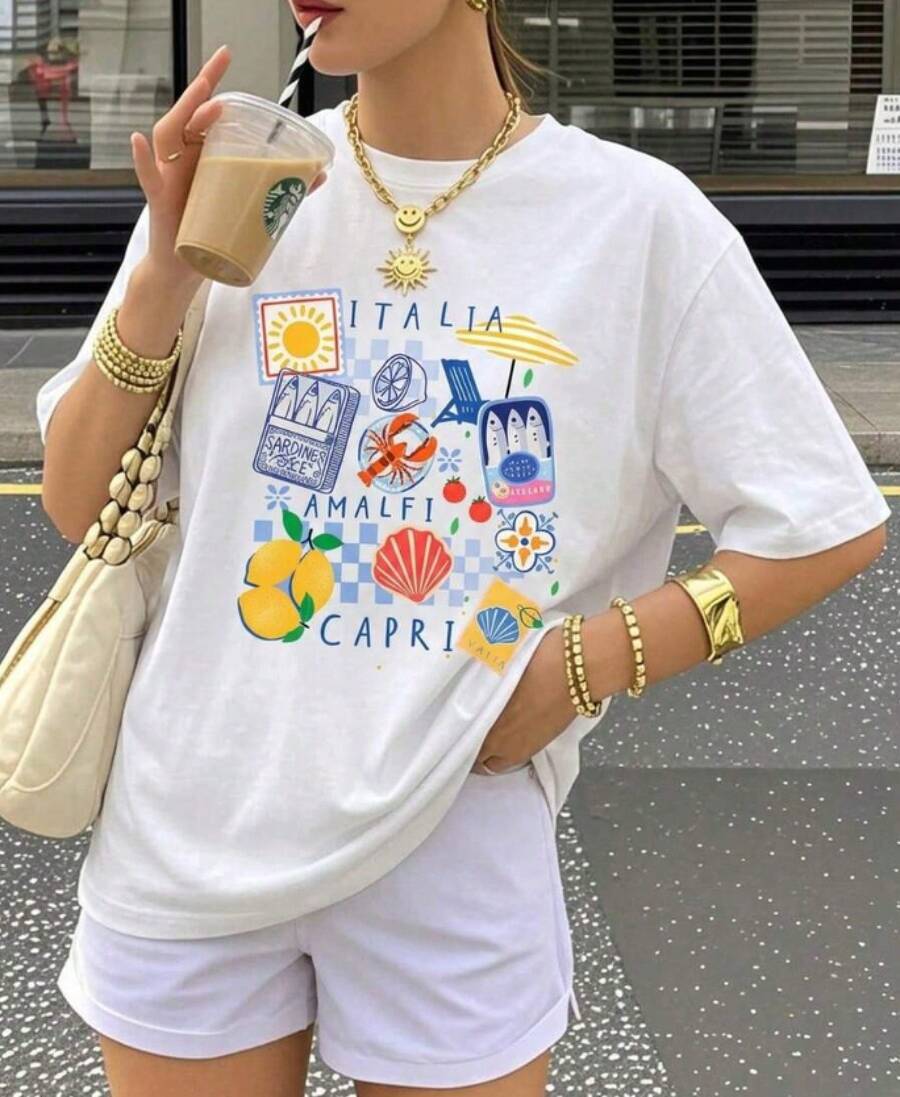 Camiseta con estampado de limones de la isla de Capri, Amalfi "Verano Europeo" para mujer. Estilo de vacaciones vintage italiano. Ropa de playa y vacaciones de moda. Blanco casual - Blanco - Ver 1