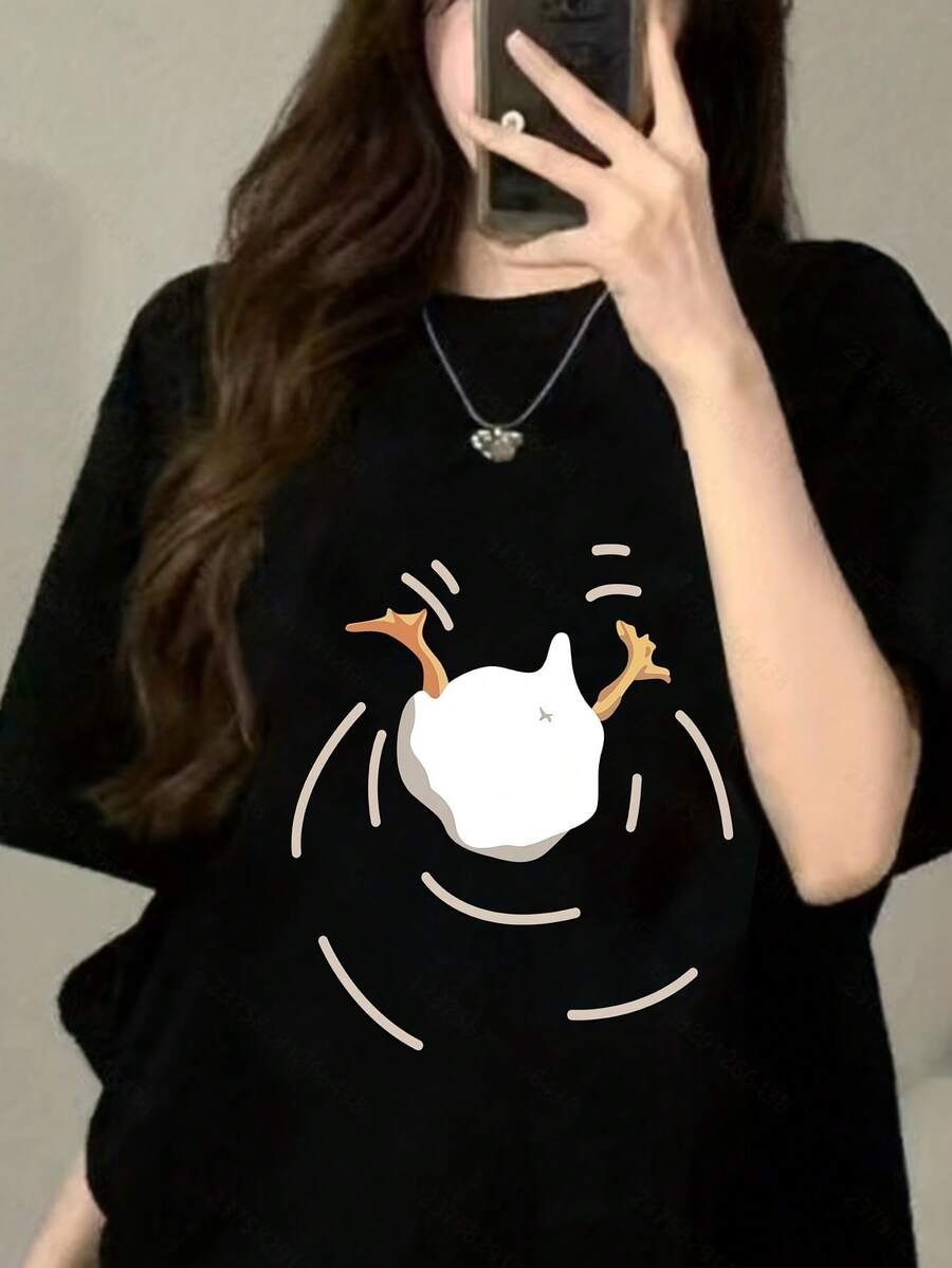 Camiseta de manga corta para mujer con diseño y estampado únicos, nuevo estilo de verano holgado para 2025, top favorecedor para - Negro - Ver 1