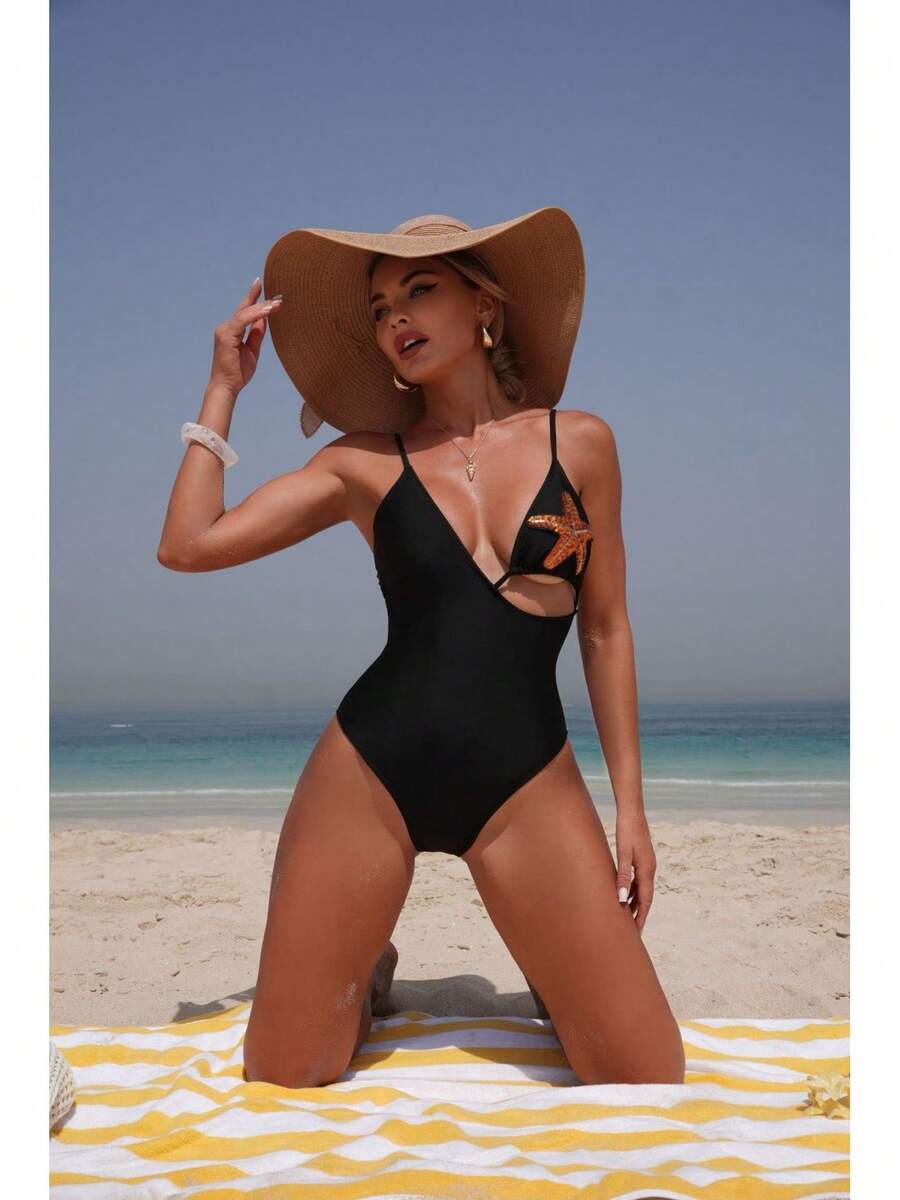 Nuevo Traje de Baño de Una Pieza Sexy y a la Moda para Mujer, Color Sólido con Diseño de Pentagrama, Traje de Baño Más Vendido. - Traje de baño negro 9360 - Ver 1