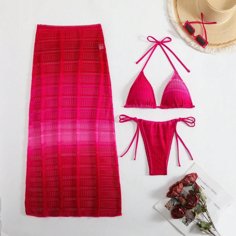 Nuevo Bikini Sexy de Tres Piezas con Falda Larga de Malla Degradada para Playa - Rosa Fucsia - Ver 1