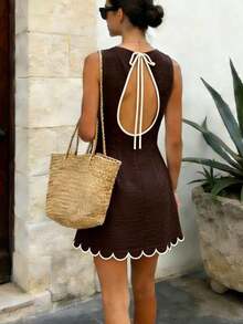 Vestido casual sin mangas con cuello redondo y espalda descubierta con lazo para mujer - Marrón - Ver 2