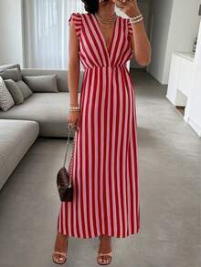 Get Rich A New Spring/Summer Series Women's Vacation Dress, Elegant Women's Dress, Pink Vertical Striped Sleeveless Maxi Dress With Ruffle Hem, Tie-Back Deep V-Neck Design, Contrast Striped Waist, Beach Vacation, Date, Party, Retro Y2K Romantic - Pink - View 8