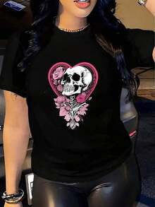 Women's Casual Short Sleeve T-Shirts With Skeleton And Rose Print - Black - View 8