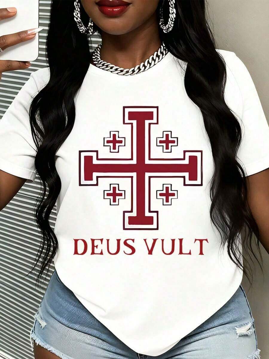 Camiseta Casual Blanca con Estampado de Cruz Roja y Deus Vult para Uso Casual Imprescindible - Blanco - Ver 1