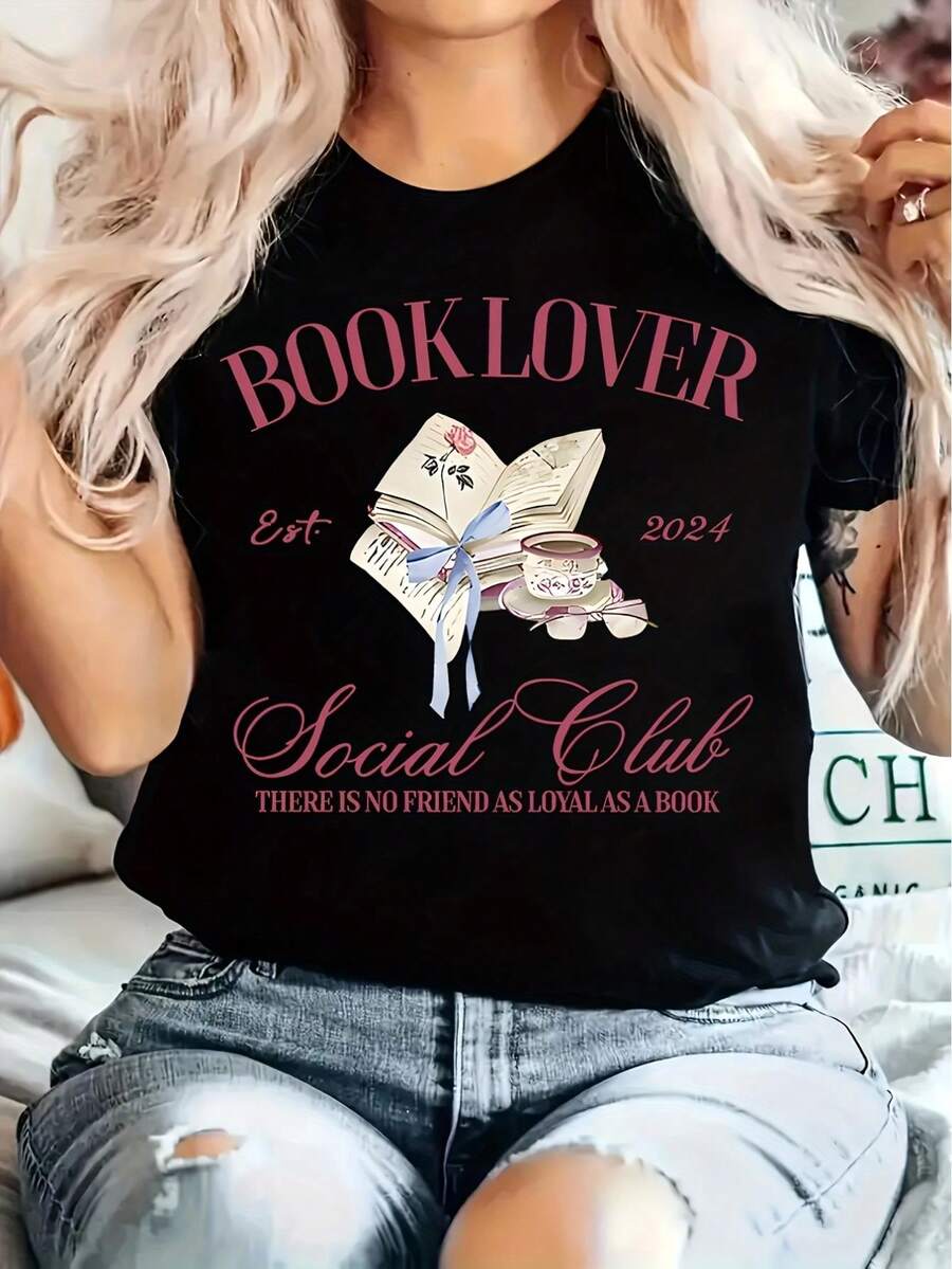 Women'S Vintage Book Lover Printed T-Shirt, Crew Neck, Short Sleeve, Regular Length, Summer Knit Polyester Top With Geometric Pattern - Black - View 1