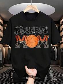 Camiseta gráfica de "Mamá de baloncesto" para mujeres, regalo para aficionados al deporte, padres de jugadores, uso casual. Es una camiseta perfecta para regalar a amigos y familiares en cualquier fiesta u ocasión festiva, 220g - Negro - Ver 2