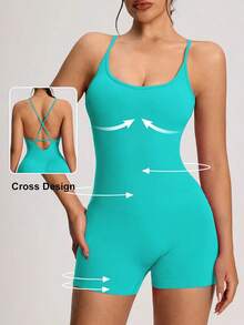 Body sin espalda para mujer, pantalones combinados de Yoga, pantalones cortos, monos de gimnasio a la calle, mono de Fitness de verano para peleles de gimnasio - Menta - Ver 2