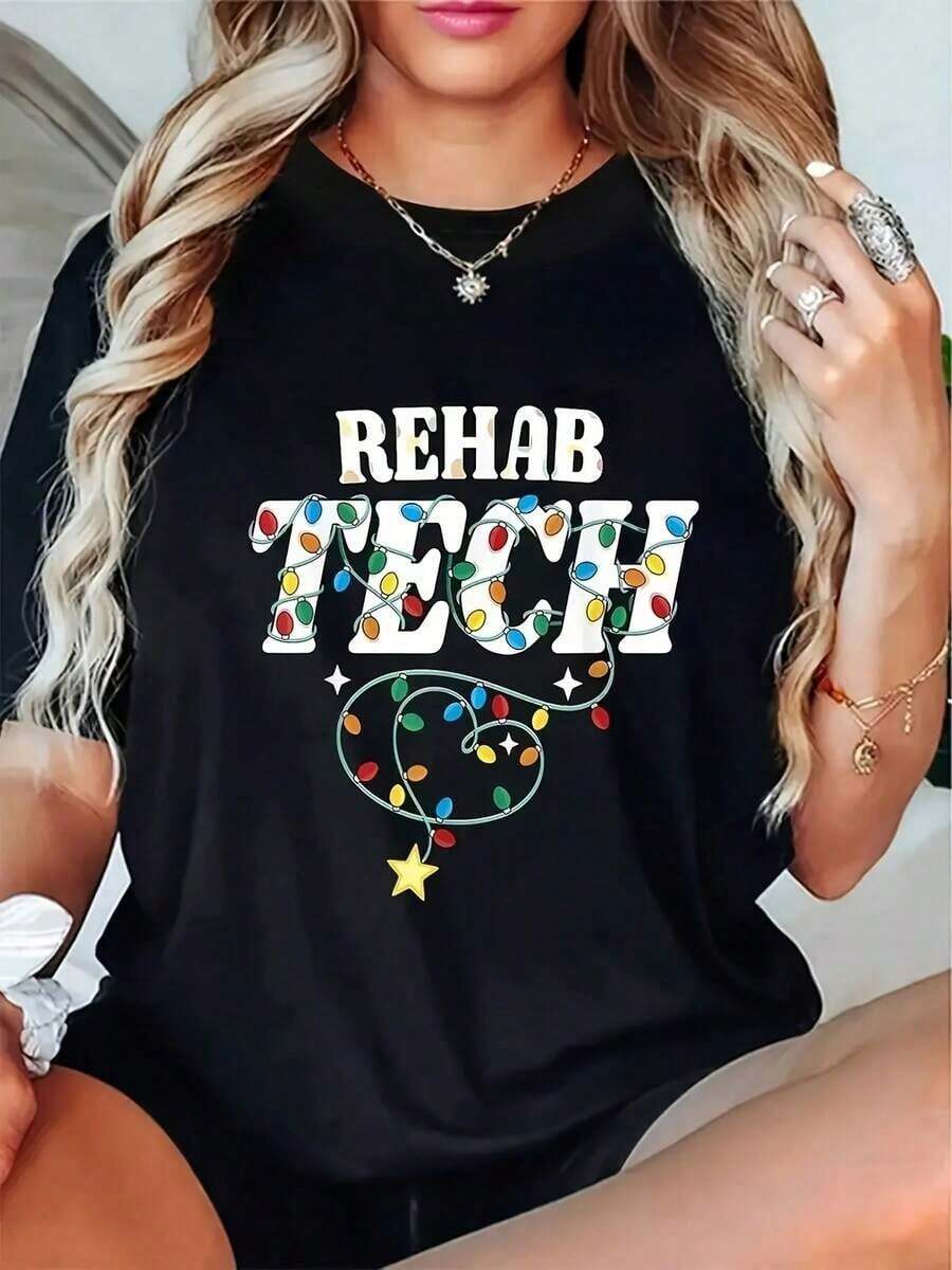 Camiseta Divertida de Rehabilitación para Mujer - Atuendo Temático para Fiestas Navideñas con Estampado de Goteo IV y ECG, Manga Corta, Cuello Redondo, Estilo Casual, Lavable a Máquina, Regalo para Enfermeras, Médicos y Personal de Rehabilitación. - Negro - Ver 1
