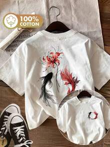 Limited EditionWomen'S Summer Clothing Featuring Double-Sided Prints In A New Style, With Koi And Flower Designs., Casual Round-Neck Short-Sleeve-ShirtLightweight Cotton - 白色 - 查看 12