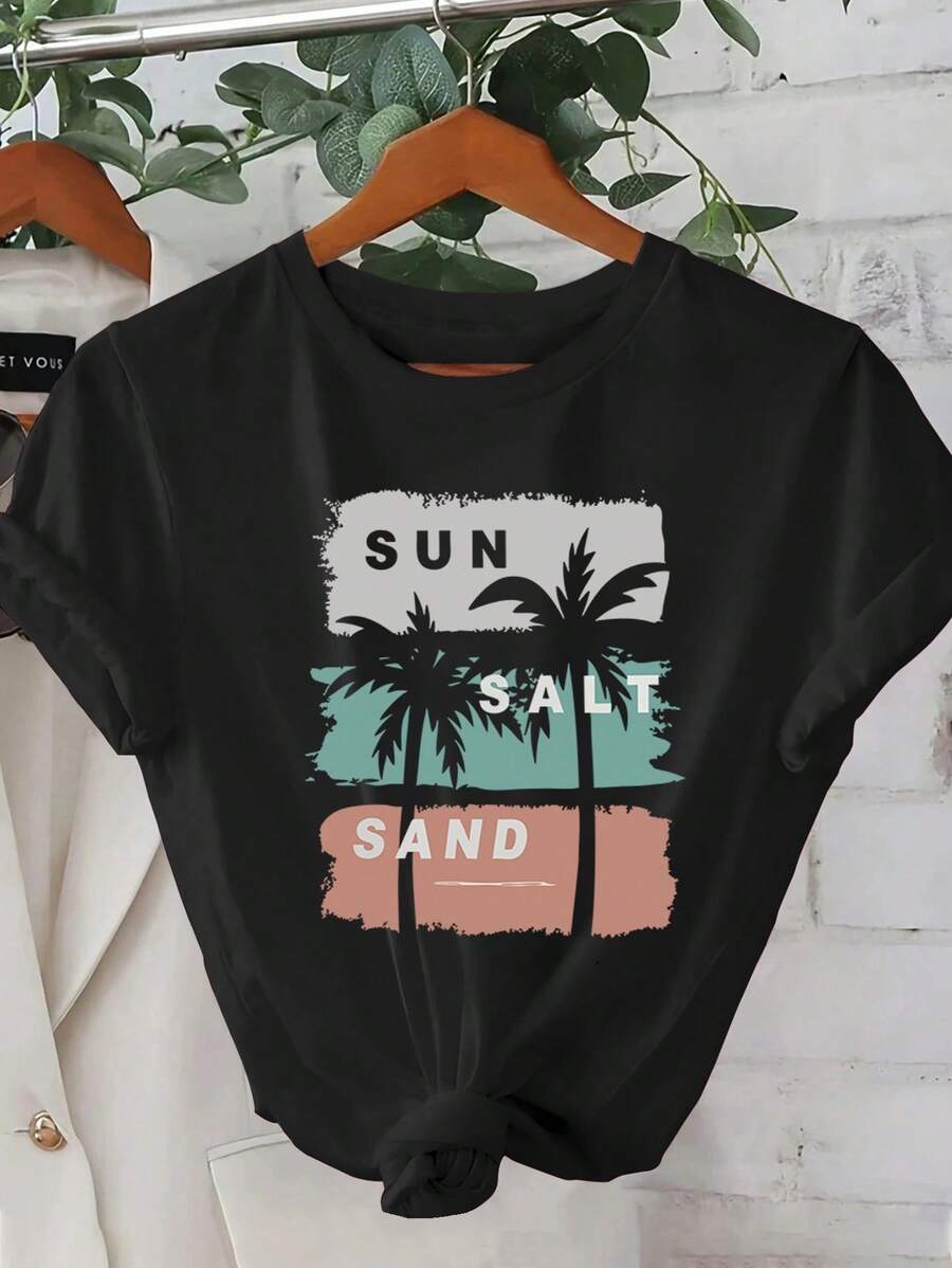 Camiseta casual esencial para mujer en rosa claro de manga corta - Estampado de palmeras al atardecer en la playa, top de verano, suave, de cuello redondo, ideal para vacaciones, adecuada para uso casual y al aire libre - Estilo camisa hawaiana lavable a máquina, adecuada para varios tipos de cuerpo (compatible con datos de inventario) Algodón suave para uso diario en verano. - Negro - Ver 1