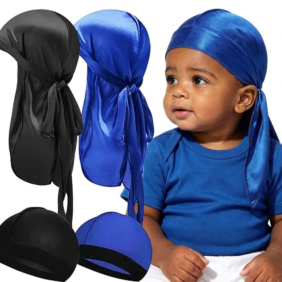 Awegeo Mũ trùm đầu Durag bằng satin cho trẻ em, kiểu mũ cướp biển với đuôi dài và dây đeo rộng, phù hợp cho bé trai, trẻ nhỏ và bé gái, kiểu khăn bandana quấn đầu. - Nhiều màu - Xem 1