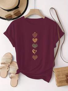 T-Shirt With An Artistic Heart Print Featuring Multiple Designs. Modern And Breathable, Suitable For Family Trips, College Activities, Casual Sports, Daily Commutes, Matching Sister Outfits-A Versatile Tee. E89T - 紫紅色 - 查看 4