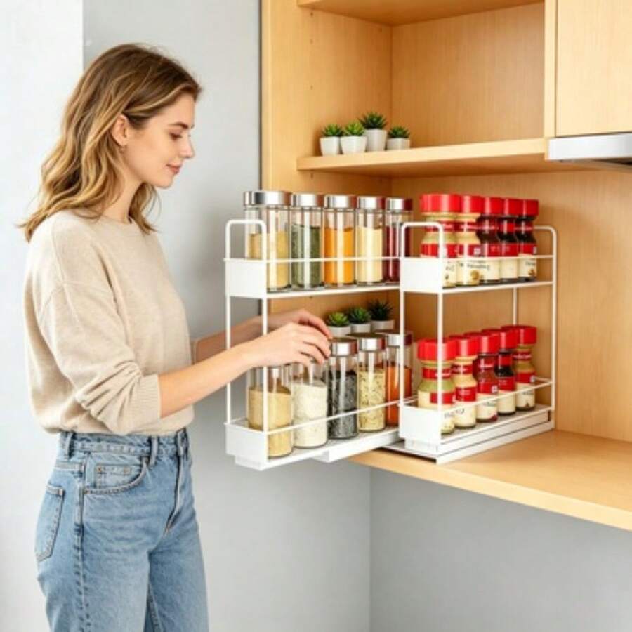 Stainless Steel Spice Rack Storage Box With Pull-Out Shelves And Sliding Drawers, Suitable For Cabinets - Double Pull-Out Storage Rack, Space-Saving Kitchen Organization Rack. - White - View 1