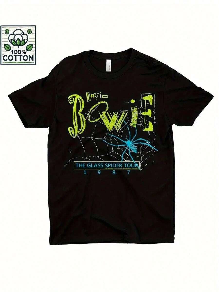 Camiseta Faded Bowie Neon Glass Spider 87 (Exclusiva de Merchbar) - Dise?o Dark Bowie, Cómoda y Vibrante, Estilo Retro, Apta para Hombres y Mujeres. - Negro - Ver 1