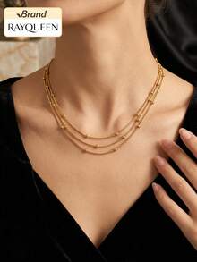 RAYQUEEN 1pc Stainless Steel Triple Bead Chain Necklace, Versatile Minimalist Gold Color Necklace For Women, Suitable For Daily Wear And Gift - Yellow Gold - View 2