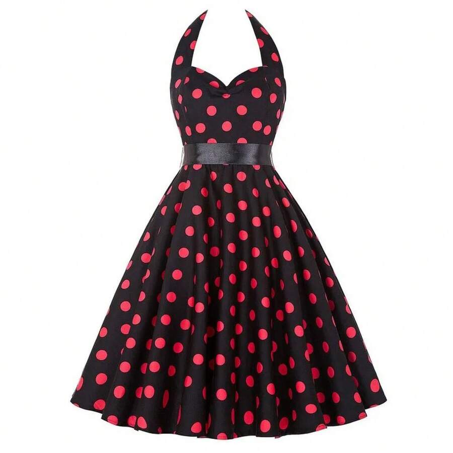 Vestido sexy retro blanco de lunares Hepburn Vintage Halter vestido de fiesta 50s 60s Pin Up Rockabilly Robe - C004 - Ver 1