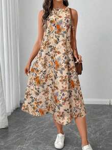 LUNE Vestido midi casual y elegante de cuello redondo, sin mangas, con bajo acampanado y estampado floral retro - Naranja - Ver 1