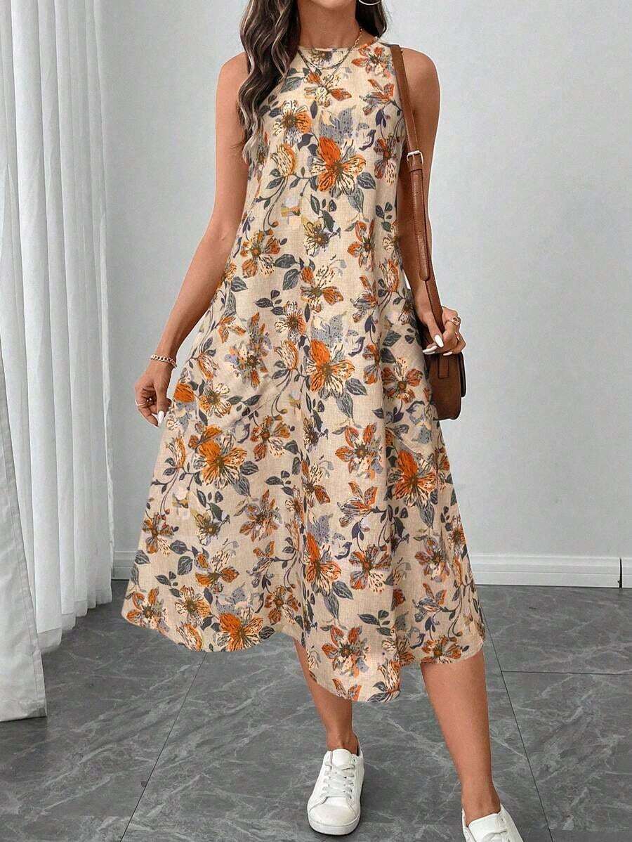 LUNE Vestido midi casual y elegante de cuello redondo, sin mangas, con bajo acampanado y estampado floral retro - Naranja - Ver 1
